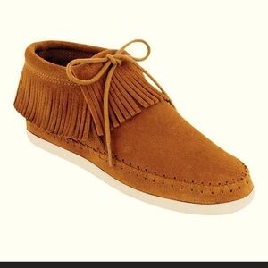 Women's Minnetonka Venice Moc bootie suede tan $90 boho native fringe fall 8